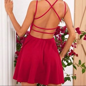 Crisscross Open Back Fit and Flare v neck backless cocktail Dress red